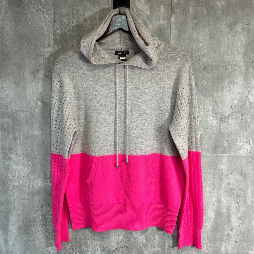 Pure Amici 100% Cashmere Colorblock Pointelle Hoodie Grey Neon Pink Womens Med